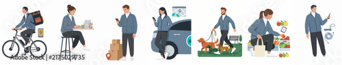 Flat vector illustrations of various gig economy workers including delivery, ride-sharing, dog walking, and remote freelancing on a white background.