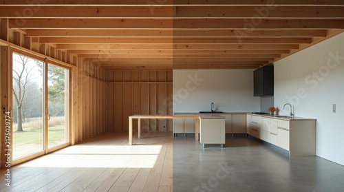 Antes y después: vista panorámica del interior de una casa que muestra dos etapas de transformación en el mismo espacio