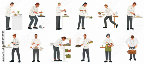 Professional chefs in various culinary poses, set of flat vector illustrations of men and women cooking and plating food on white background.