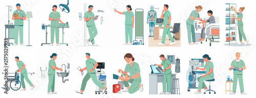 Flat vector illustrations of healthcare professionals in green scrubs performing various medical tasks in a hospital setting, including patient care, diagnostics, and equipment maintenance.