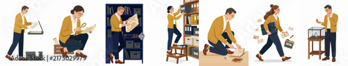 Set of flat vector illustrations depicting people working in archives, libraries, and museums, managing historical documents, maps, and artifacts.