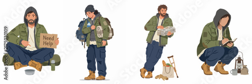 Flat vector illustrations of a homeless man in various situations, holding a sign, carrying a backpack, with groceries, and writing in a journal.