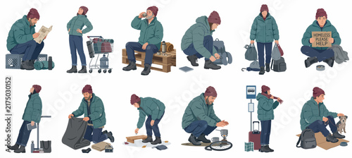 Set of illustrations depicting a homeless man in various daily life situations, including begging, cooking, walking, and waiting, isolated on a white background.