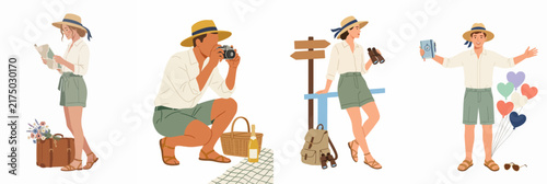 Set of flat illustrations featuring travelers exploring, taking photos, and enjoying summer vacations with various travel accessories on a white background.