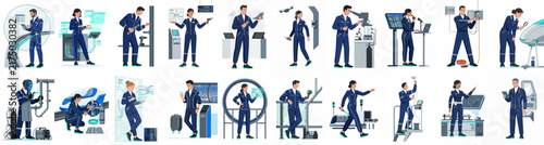 Professional technician and engineer character set working with advanced future technology, holograms, drones, and industrial machines in a flat vector illustration style.