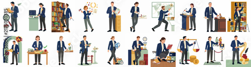 Vector Illustration Set of Diverse Business Professionals Engaged in Various Office Tasks and Work Activities Isolated on White