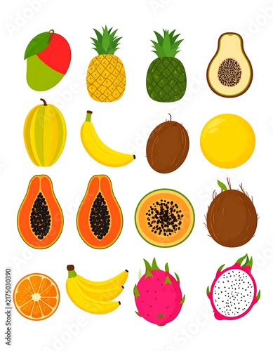 Colorful tropical fruits and spices flat lay collection.