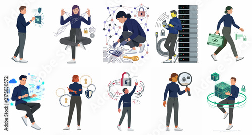 Cyber Security and Data Protection Illustration Set with Diverse Professionals Managing IT Infrastructure and Digital Privacy