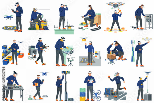 Flat design vector illustration set of professional drone operators engaged in activities like repair, flight control, logistics, and monitoring across different scenarios.