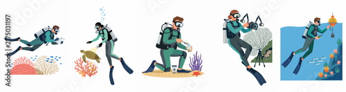 Bild auf Leinwand Collection of flat vector illustrations depicting scuba divers engaged in marine research, underwater photography, and exploring coral reefs with diverse sea life