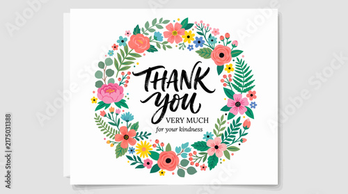 Bild auf Leinwand Elegant floral wreath greeting card design with custom calligraphy lettering say