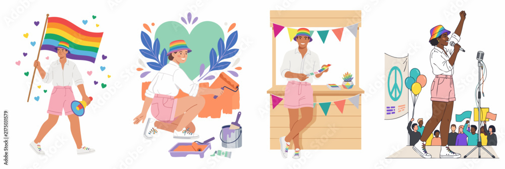 Fototapeta premium A collection of flat illustrations showing a person celebrating pride month through activism, artistic expression, community service, and public speech.
