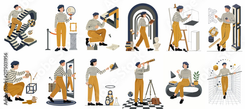 Set of 12 surreal and conceptual flat illustrations featuring a character exploring themes of art, geometry, philosophy, and impossible objects.