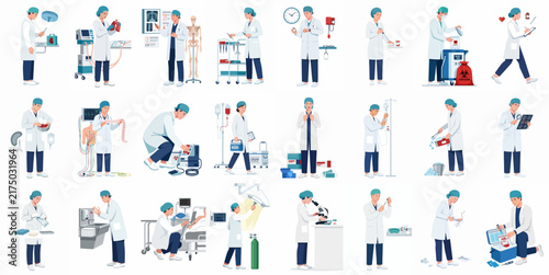 Comprehensive Vector Illustration Set Featuring a Male Doctor Performing Various Medical Tasks and Healthcare Routines in a Flat Design Style