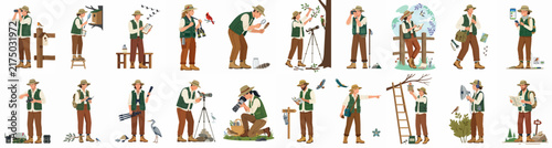 Set of flat characters engaged in birdwatching, ornithology research, and nature photography using professional gear on a white background.