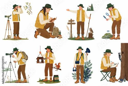 Set of Illustrations Depicting a Naturalist and Ornithologist Engaged in Various Wildlife Observation and Nature Research Activities