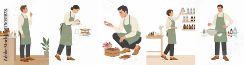 Set of illustrations showing a man in an apron creating fragrances and organic cosmetics, including mixing, weighing, and smelling various ingredients.