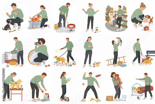Collection of flat vector illustrations depicting people engaging in various dog care and training activities like grooming, walking, and playing with pets.