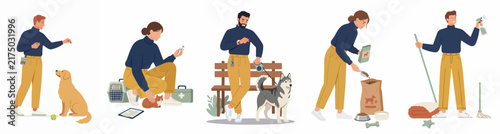 Flat Illustration Set of People Caring for Their Pets, Including Training, Feeding, Grooming, and Veterinary Care Activities for Dogs and Cats.