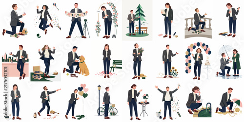 Set of flat vector illustrations depicting various romantic scenes, marriage proposals, engagement celebrations, and joyful moments between a man and a woman.