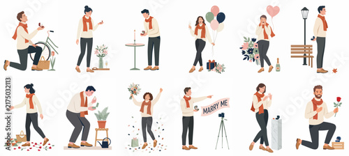 Collection of romantic couple illustrations featuring marriage proposals, gift giving, and celebratory moments with flowers, rings, and balloons in a flat vector style.