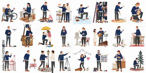 Large set of flat vector illustrations depicting a young man in various lifestyle scenarios, from romantic proposals to daily hobbies and seasonal celebrations.