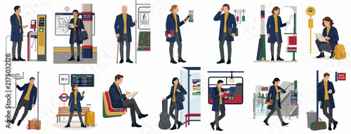 Flat Illustration Set of People Commuting Using Public Transport Like Buses, Trains, and Subways