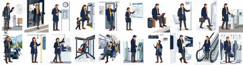 Flat vector illustration set showing various scenes of a businessman commuting via public transportation, including trains, buses, and subway stations.
