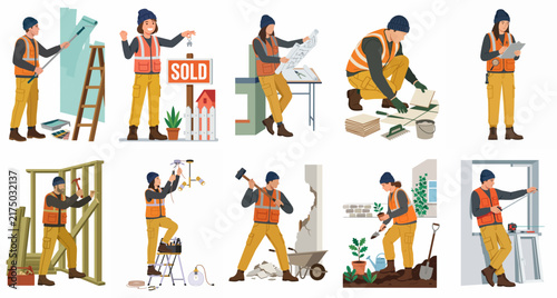 Set of flat vector illustrations depicting construction workers and home improvement professionals performing tasks like painting, building, tiling, gardening, and real estate sales.