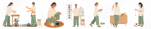 Diverse People Practicing Various Holistic Wellness and Spiritual Activities Flat Illustration Set Including Tea Ceremony Sound Healing and Chakra Balancing