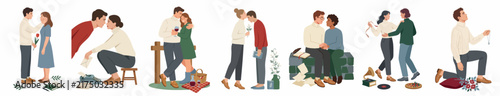 Collection of romantic couple illustrations showing various stages of a relationship, from dating to proposal, in a flat art style on white background.