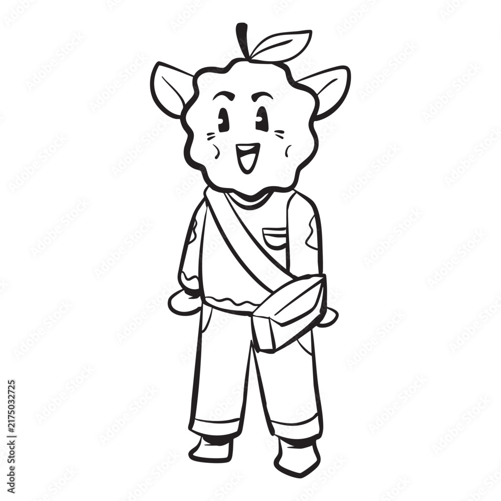 Fototapeta premium Cute Fruit Mascot Character with Sling Bag Line Art Vector Illustration