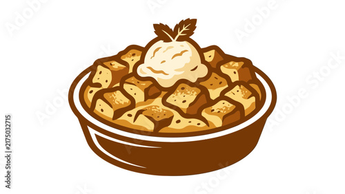 Bread Pudding with Ice Cream Vector Illustration
