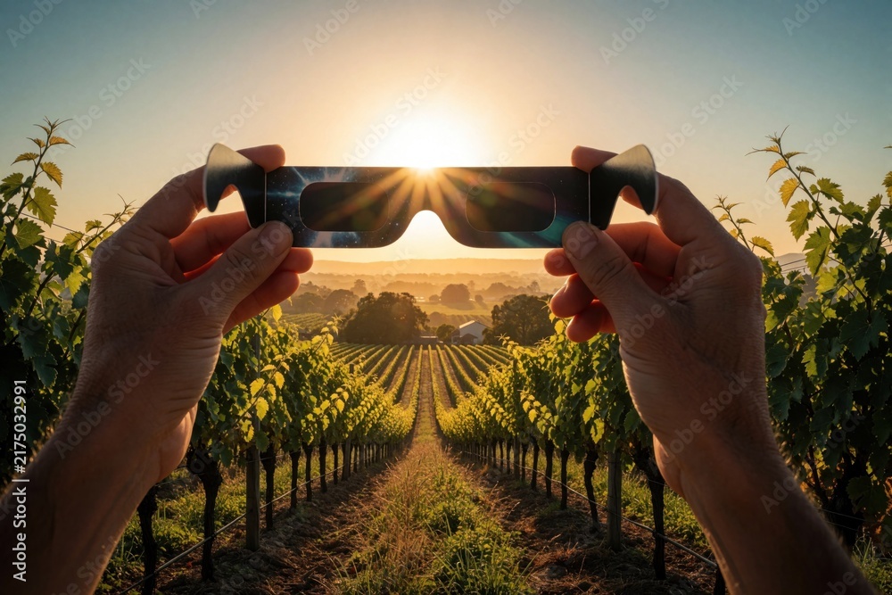 Naklejka premium Hands hold eclipse glasses to view sun over vineyard landscape at sunset. Golden hour light shines through protective eyewear, creating rays over grapevines and distant hills.