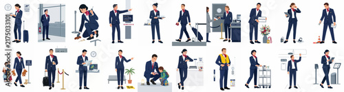 Collection of flat vector illustrations depicting airline cabin crew and flight attendants in various airport and onboard service scenarios.