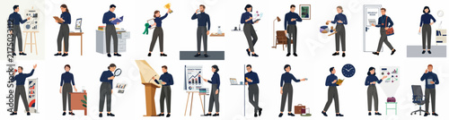 Collection of flat illustrations showing various office workers and business professionals in diverse daily work tasks and activities.