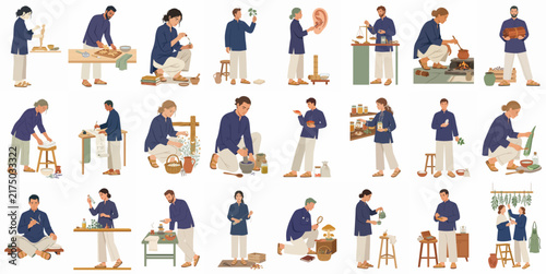Set of illustrations depicting people practicing traditional herbal medicine, harvesting plants, and preparing various natural remedies in a flat design style.