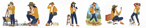 Set of Illustrations Showing a Photographer and Hiker Engaging in Various Outdoor Adventure and Travel Activities
