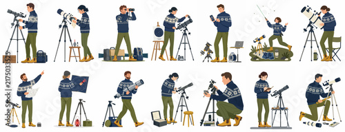 A collection of various characters engaging in amateur astronomy, using telescopes, binoculars, and star maps for stargazing and celestial observation.