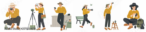 Set of flat vector illustrations featuring people engaged in photography activities, wearing yellow sweaters and hats in various poses.