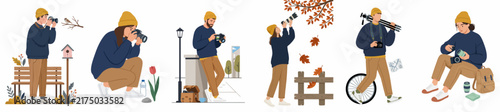 Set of flat vector illustrations featuring a male photographer in various outdoor scenarios, taking pictures of nature and reviewing photos.