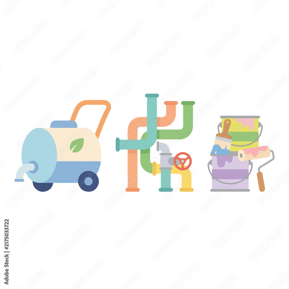 Naklejka premium Flat vector illustration featuring home repair and maintenance tools including a pressure washer, plumbing pipes, and paint buckets.