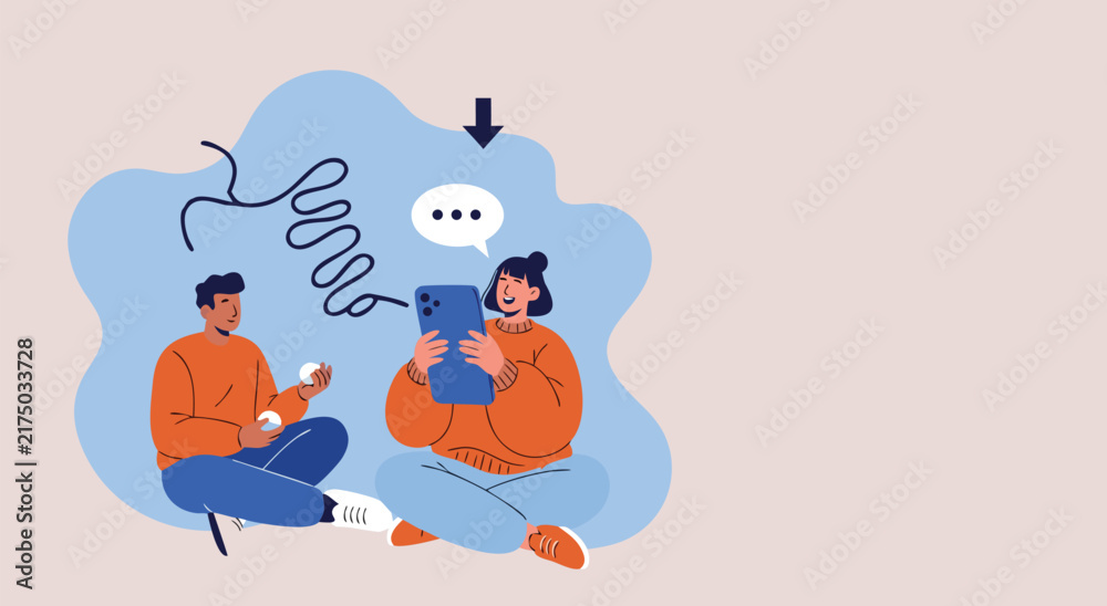 Fototapeta premium An illustrative flat-style graphic of a young man and woman sitting together while engaged in digital communication using a handheld mobile device