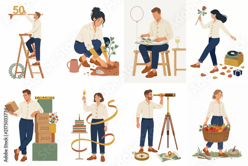 Collection of minimalist flat illustrations depicting people engaged in various lifestyle activities, hobbies, and significant life milestones such as gardening, moving, and celebrating.