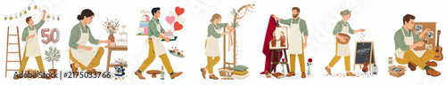 A set of flat illustrations featuring professional event planners and decorators organizing various elements for a celebration, wedding, or anniversary party.