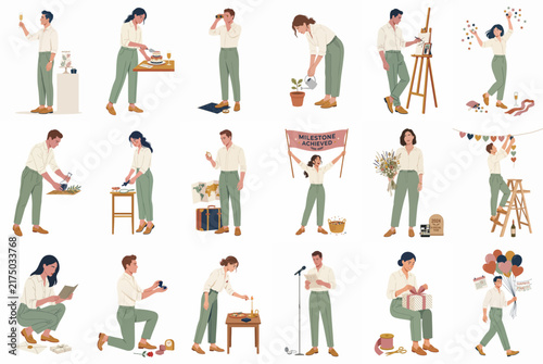 Diverse set of flat vector illustrations showing people engaged in various hobbies, creative activities, and life celebrations on a white background.