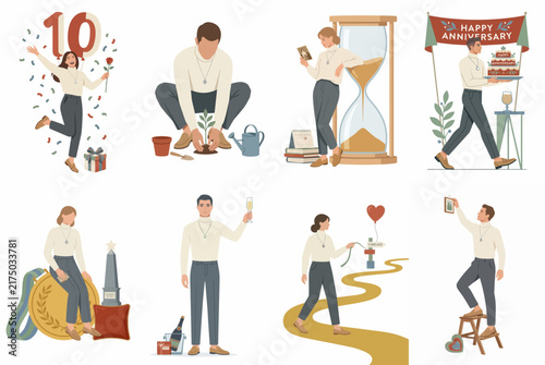 10th Anniversary Celebration Illustration Set Featuring People Marking Milestones, Planting for the Future, and Toasting to Business Success