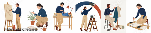 Set of diverse creative professionals engaged in various artistic activities like painting, drawing, fashion design, and writing, illustrated in a flat minimalist style.