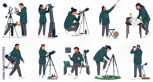 Vector illustration set of diverse people engaged in amateur astronomy, stargazing, and astrophotography using telescopes, binoculars, and star maps on a white background.