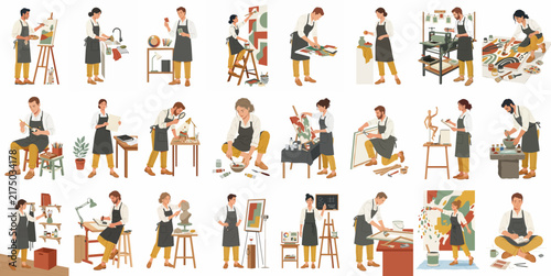 Collection of diverse creative artists and craftspeople in aprons working on various art and handicraft projects, isolated on a white background.